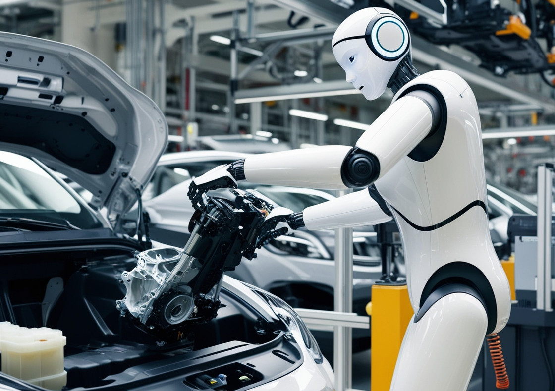 Roboter am Fließband in der Automobilfertigung.
